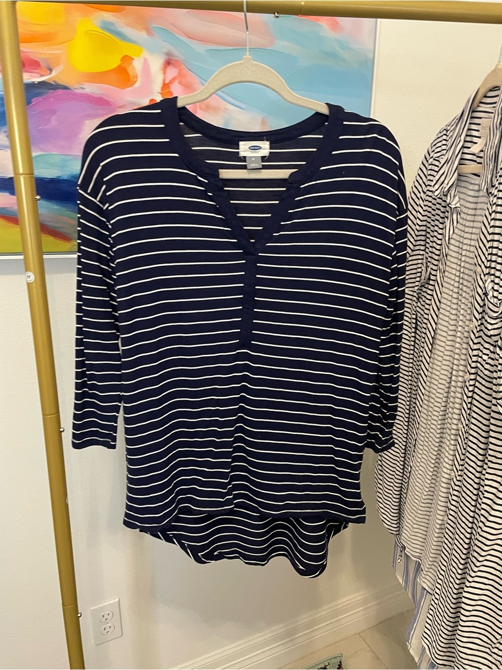 Classic Navy & White Striped Women’s Top - Casual V-Neck Old Navy Medium